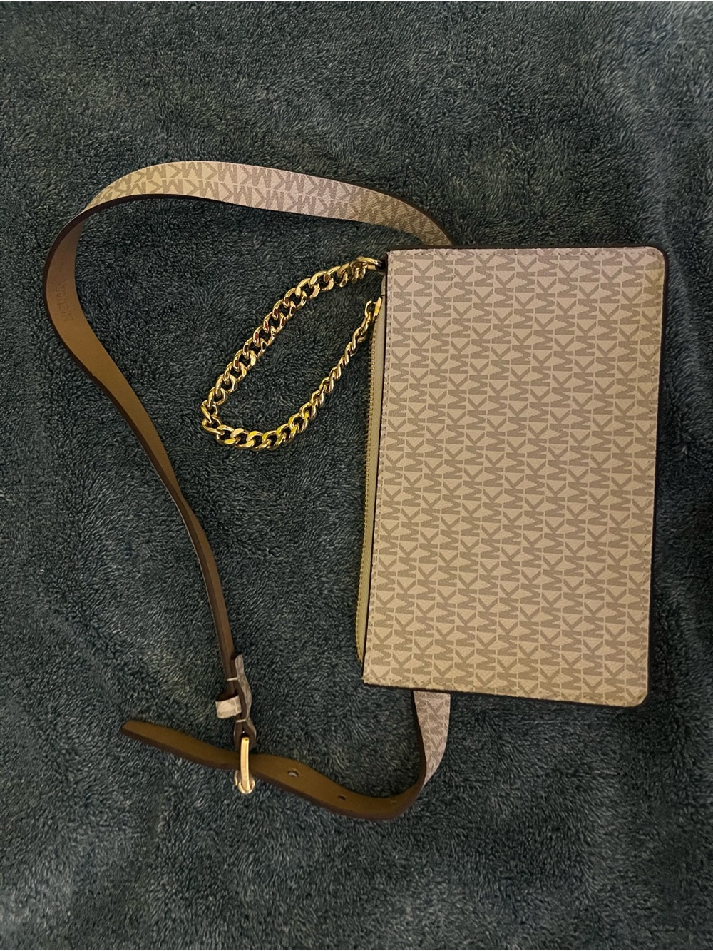 Michael Kors Beige Brown Logo Crossbody with Gold Chain